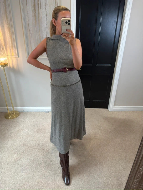 BNWT Zara Brown / Grey Tweed Style Midi Dress XS