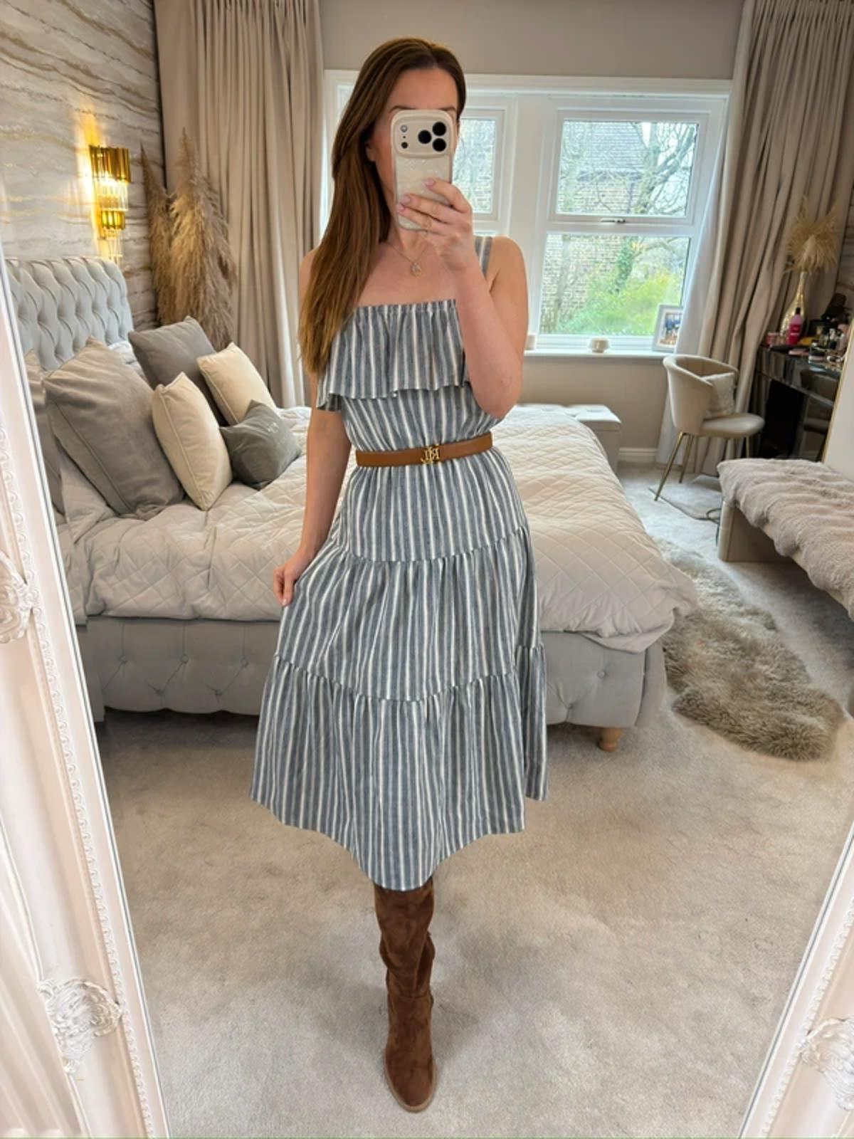 Michael Kors Stripe Tiered Linen Mix Midi Dress XS