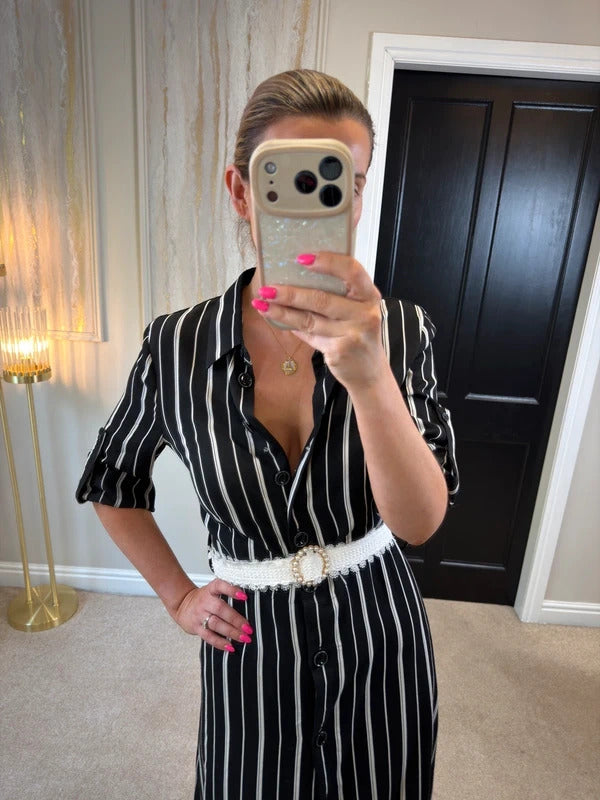 Riani Black & White Striped Shirt Dress Short Sleeve Size 10