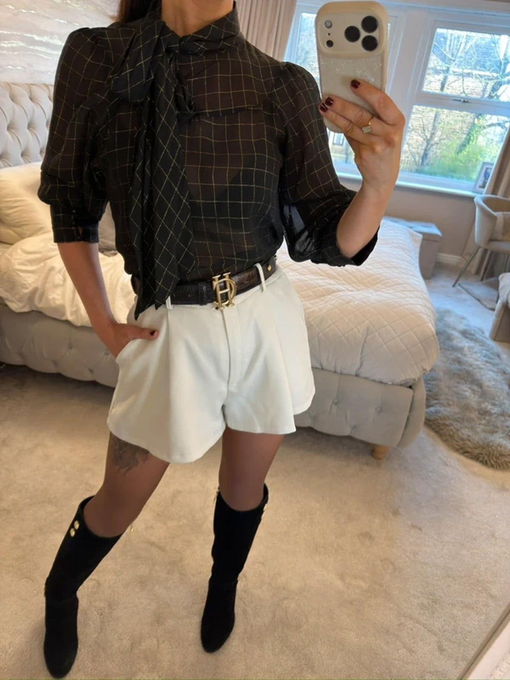 H&M Vintage Sheer Black & Gold Pussy Bow Blouse 10