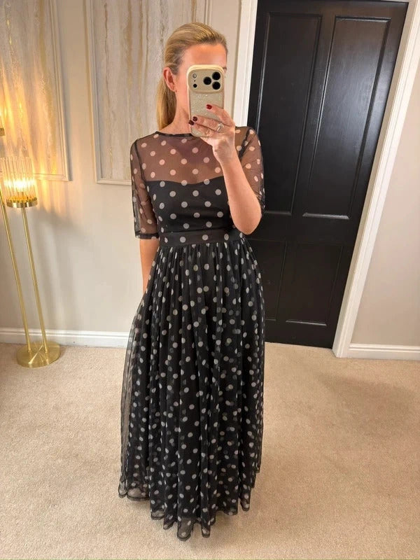 Floryday Black & White Polka Dot Mesh Maxi Dress Medium