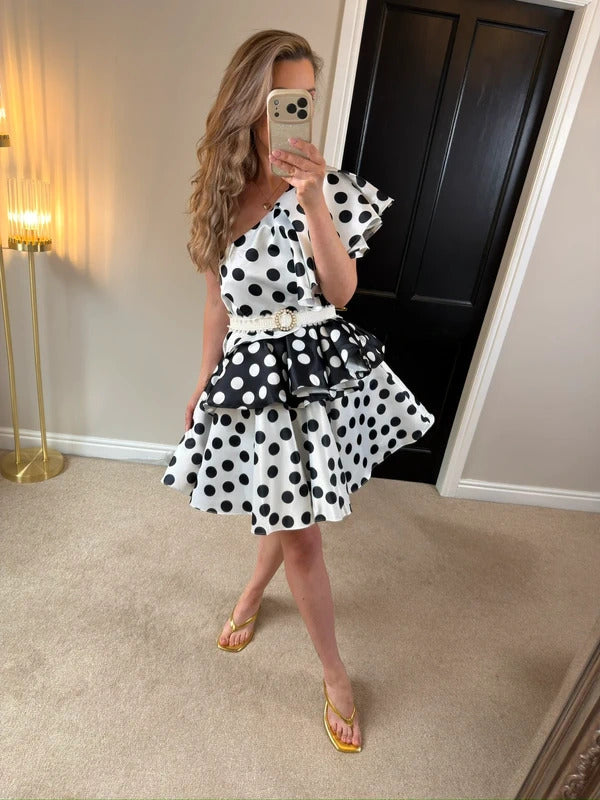 BNWT Forever Unique Black & White Polka Dot Layered One Shoulder Dress 8
