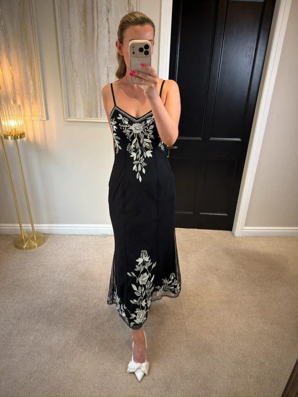 Wallis Black Embroidered & Embellished Midi Dress Size 8