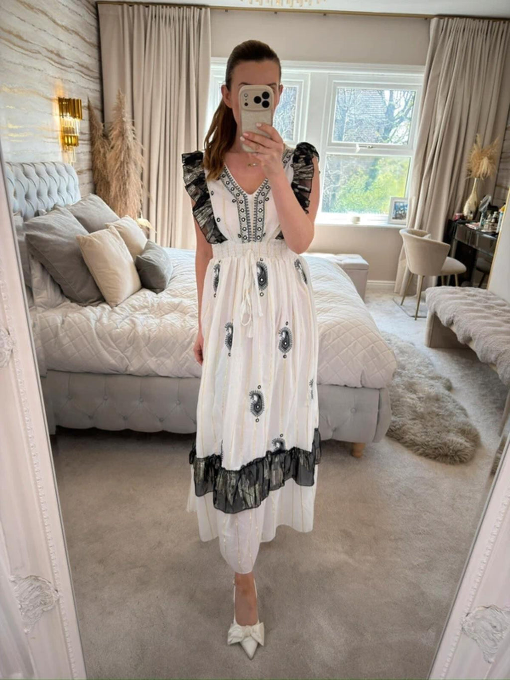 Boutique White & Black Boho Embellished Dress One Size
