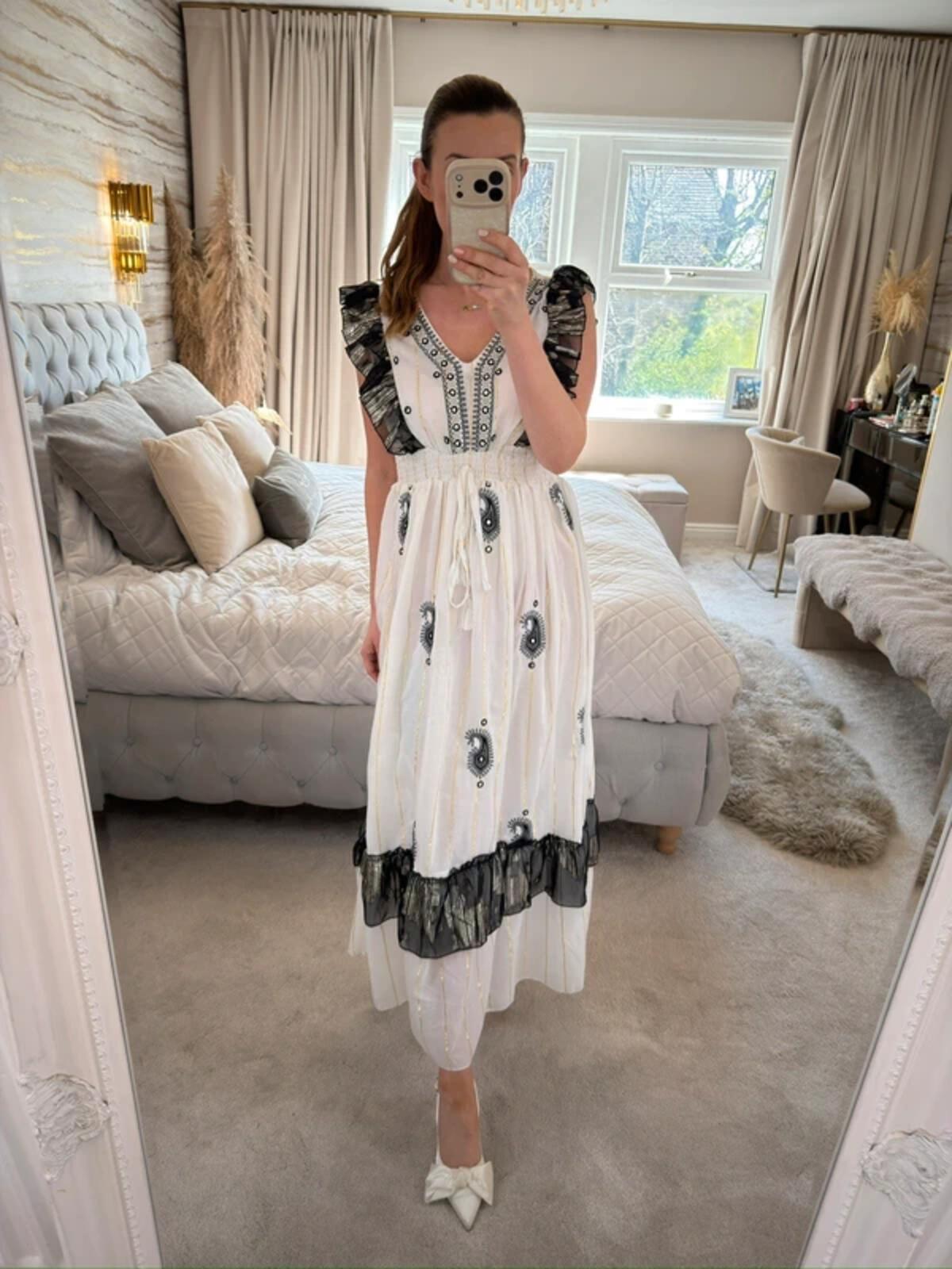 Boutique White & Black Boho Embellished Dress One Size
