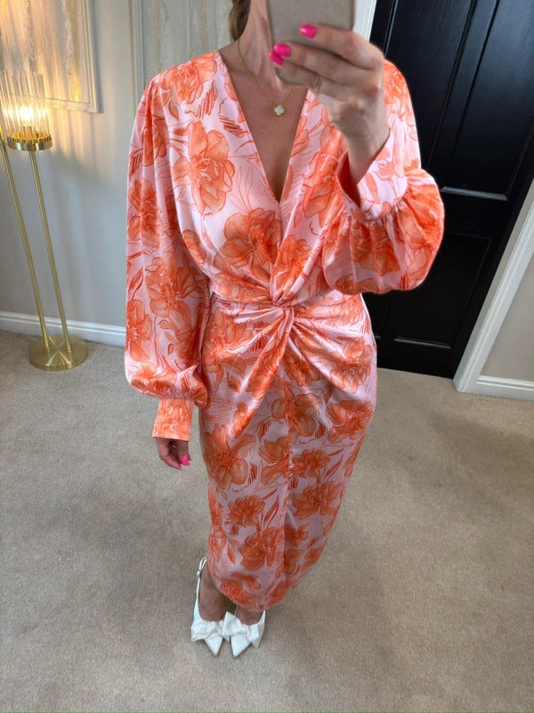 River Island Pink Floral Satin Knot Midi Dress 12