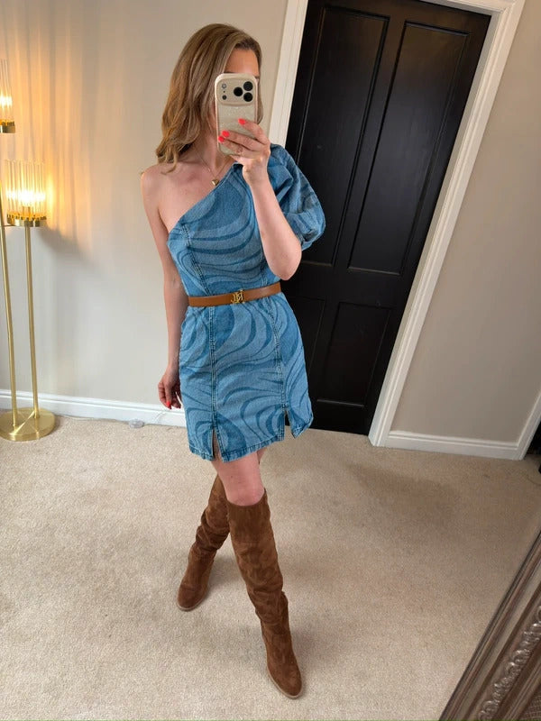 ASOS Denim One Shoulder Puff Sleeve Retro Style Mini Dress Size 10
