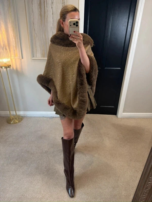 Boutique Brown Tweed Wool Blend Faux Fur Poncho One Size
