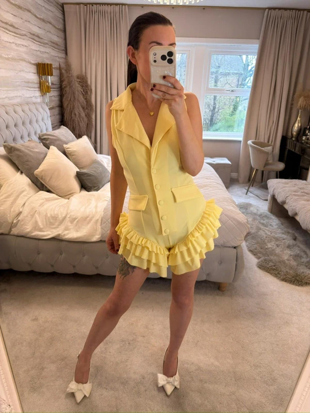 Retro Stage 1960s Yellow Frill Playsuit Small