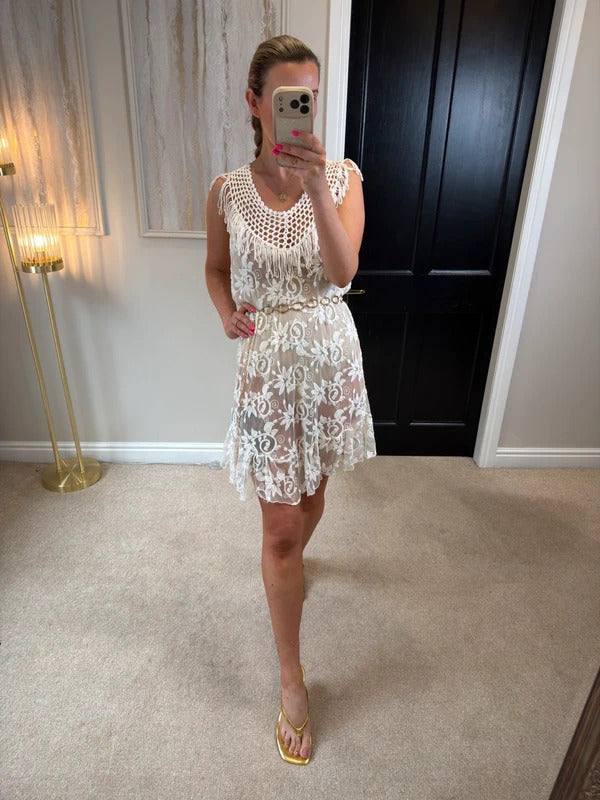 Boutique Ivory Sheer Lace Fringe Mini Dress One Size
