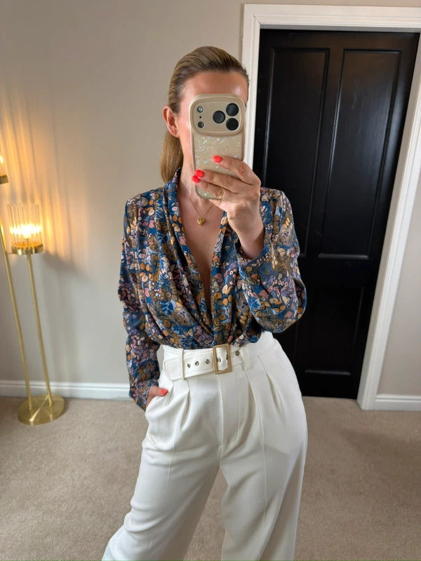 Sarah John Floral Plunge Blouse Size Medium