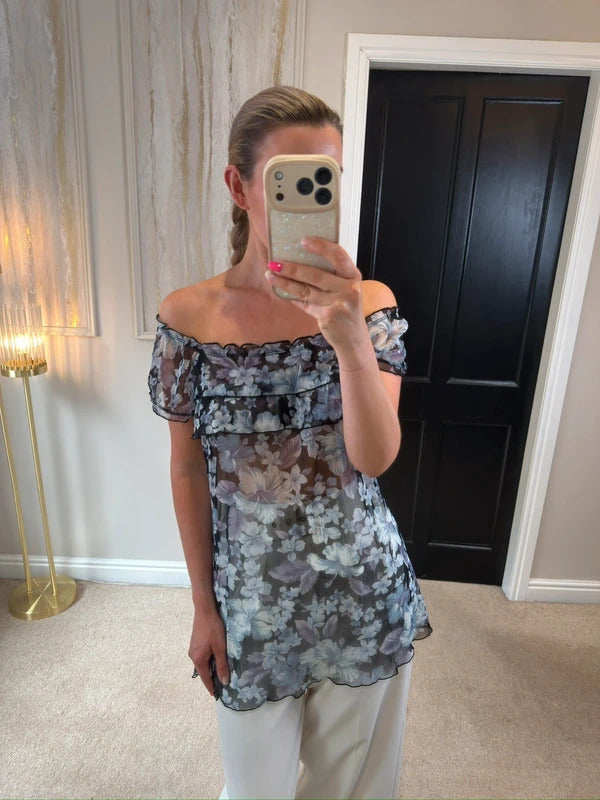 Y2K Sheer Floral Long Blouse Small