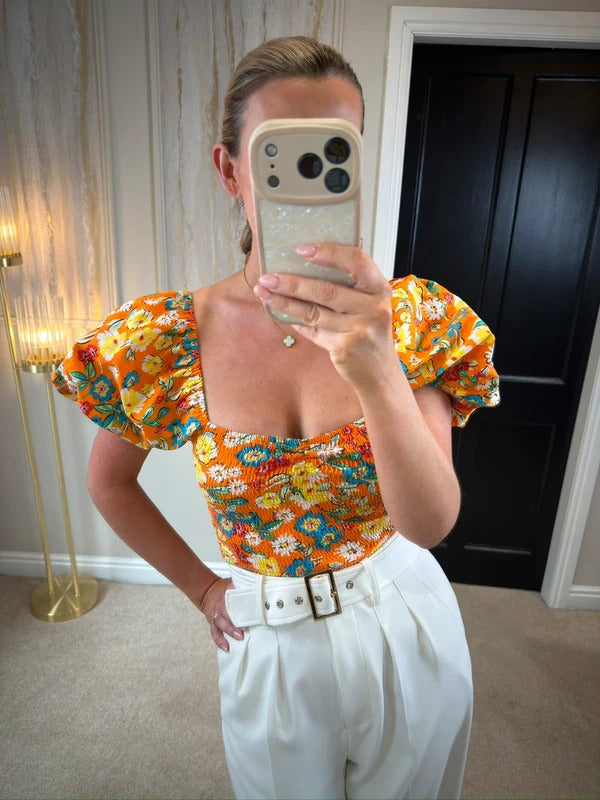 Zara Orange Puff Sleeve Crop Top 8/10