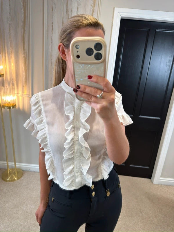 Boohoo Cream Semi Sheer Frill Blouse 6