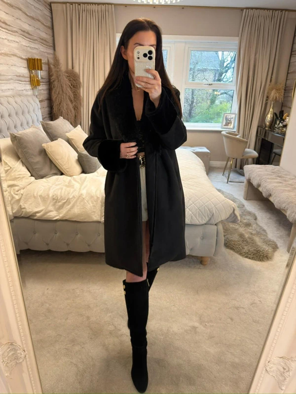 Jigsaw Black Faux Fur Coat Medium