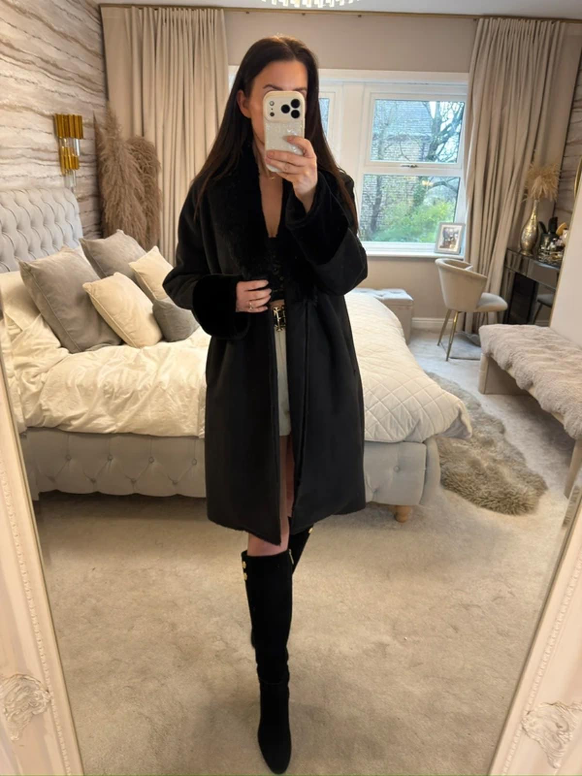 Jigsaw Black Faux Fur Coat Medium