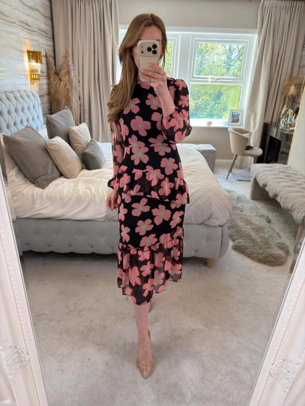 Miss Selfridge Black Floral Frill Tiered Midi Dress 10/12