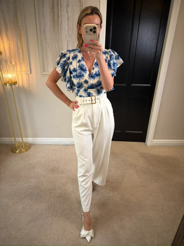 Zara Blue & White Frill Wrap Blouse Small