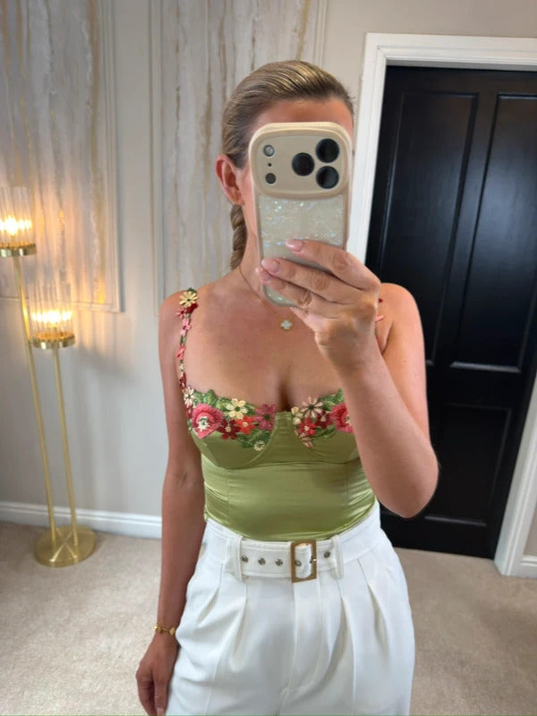 BNWT Princess Polly Green Satin Floral Bralette 6