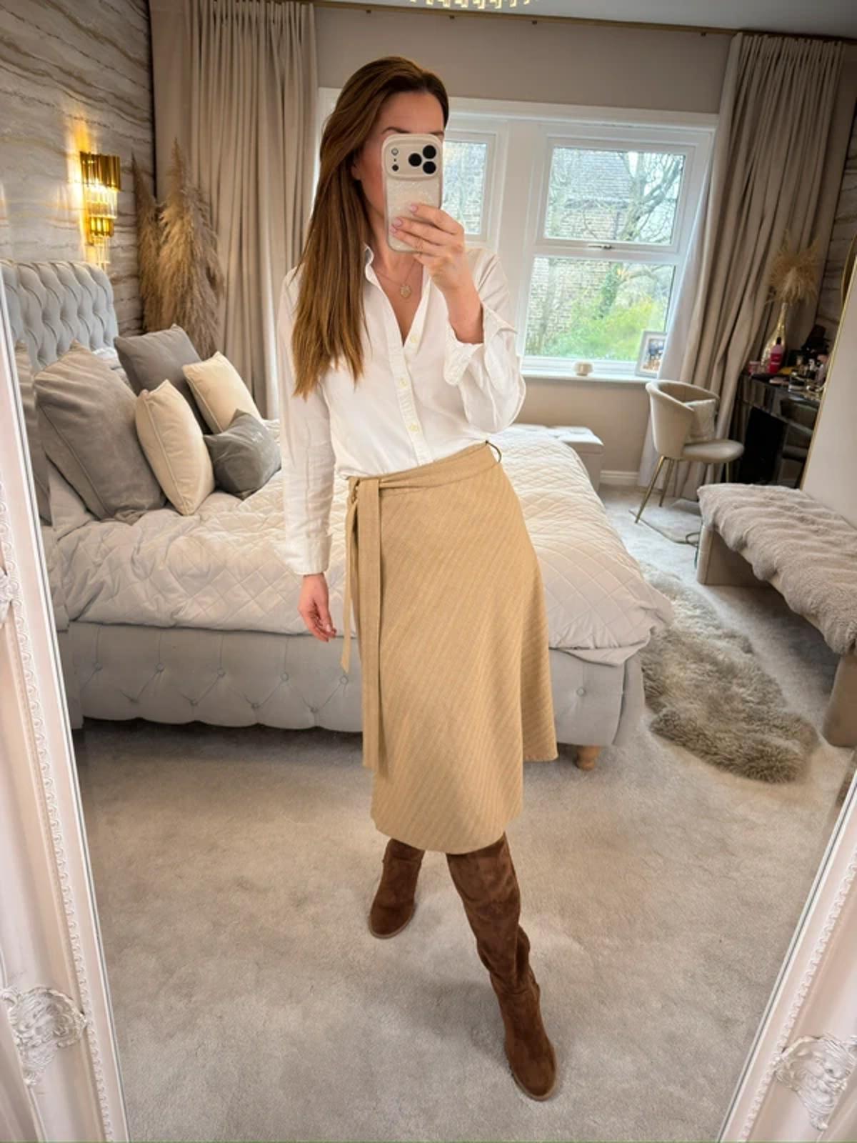 Vintage Hauber Beige Wool Blend Midi Skirt 14/16