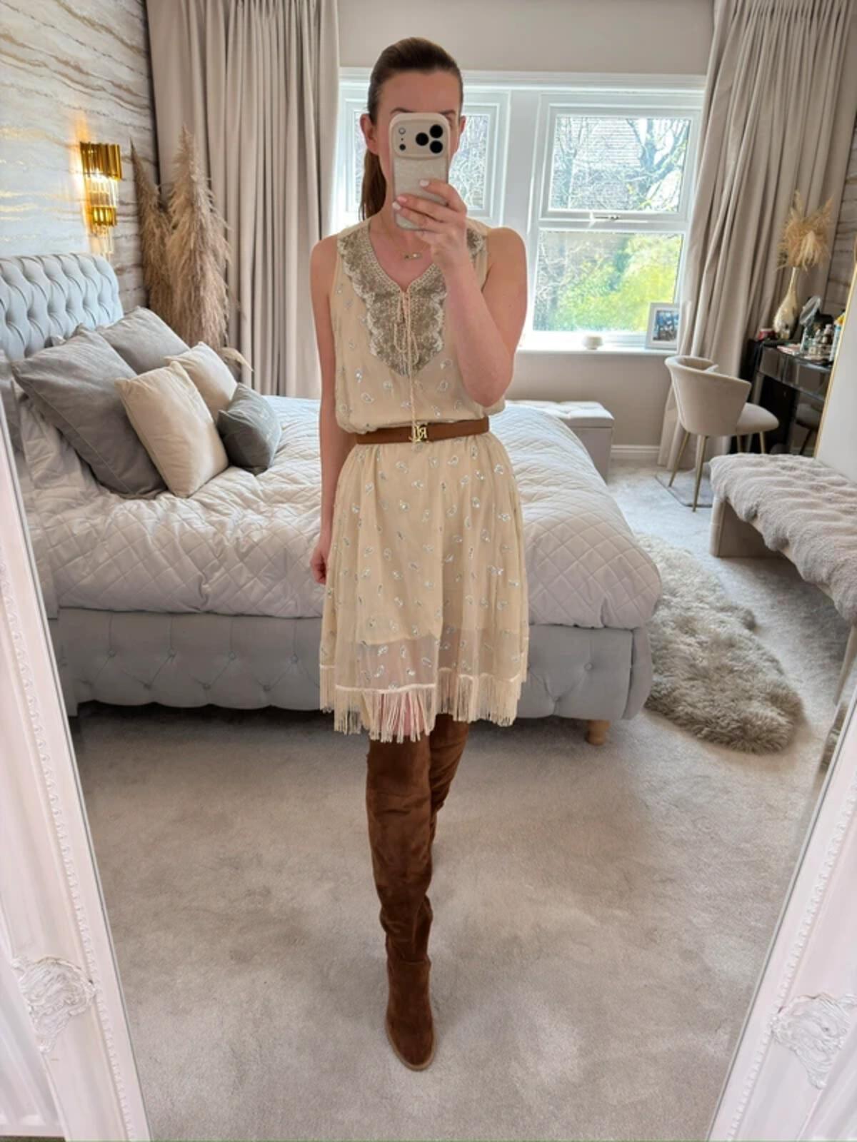 ⭐ Shilpavan Decor Exclusive Beige Boho Tassel Embellished Dress Medium