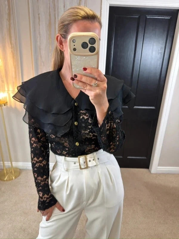 Vintage Linea G Black Lace Frill Blouse 8