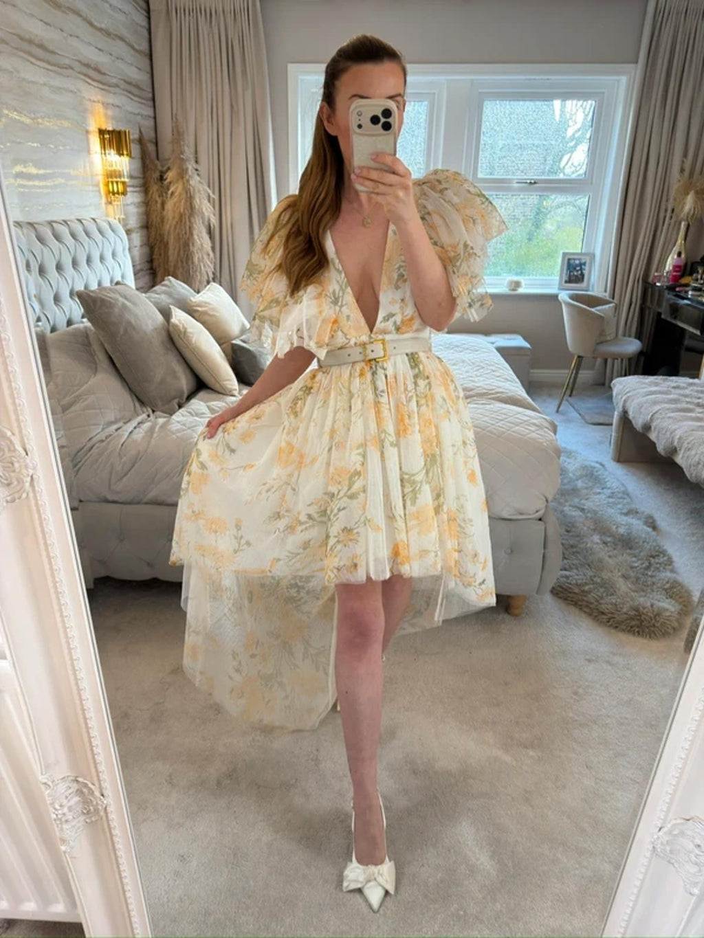 River Island Luxe Yellow Floral Tulle Dip Hem Dress 12