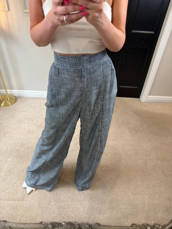 BNWT Zara Blue Linen Blend Wide Leg Trousers Size Medium