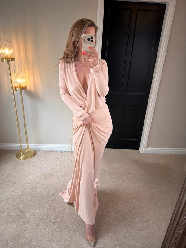 Gorgeous Couture Light Pink / Nude Plunge Dress Small