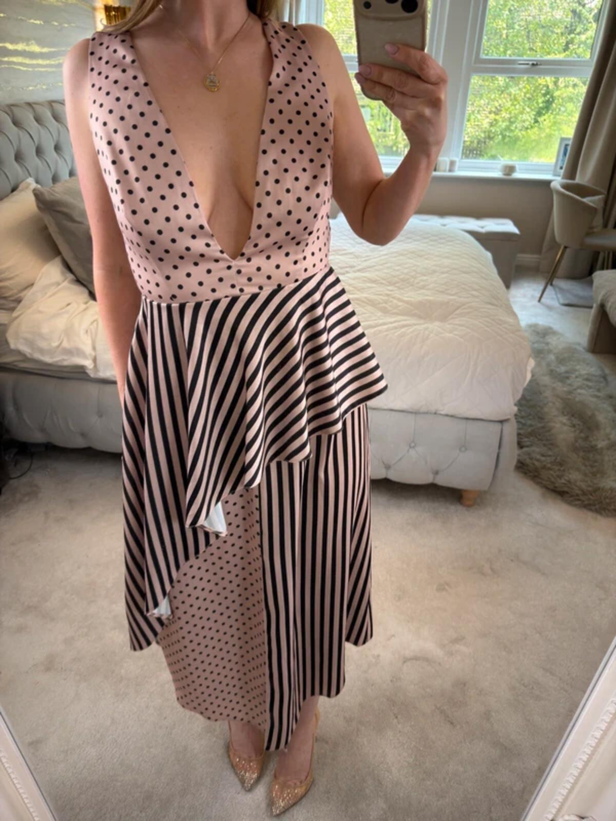 ASOS Pink & Black Spotty & Stripe Open Back Plunge Midi Dress 10
