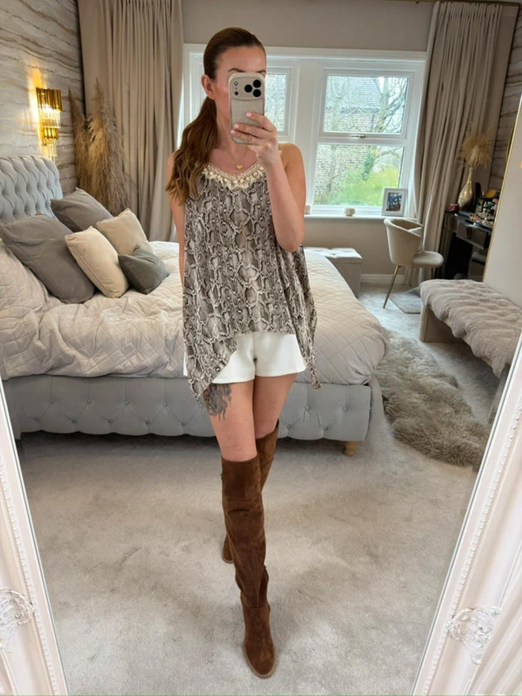 Boho Snakeprint Lace Floaty Blouse One Size