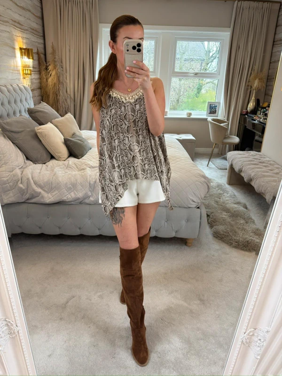 Boho Snakeprint Lace Floaty Blouse One Size