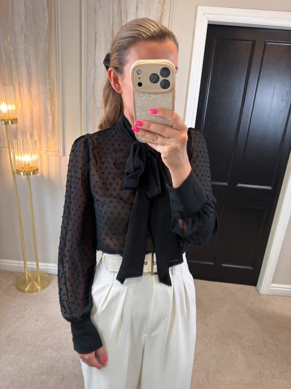 Altuzarra Black Sheer Dobby Bow Blouse Size XS