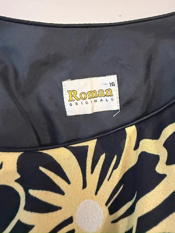 Vintage Roman Black & Butter Yellow Floral Frill Dress