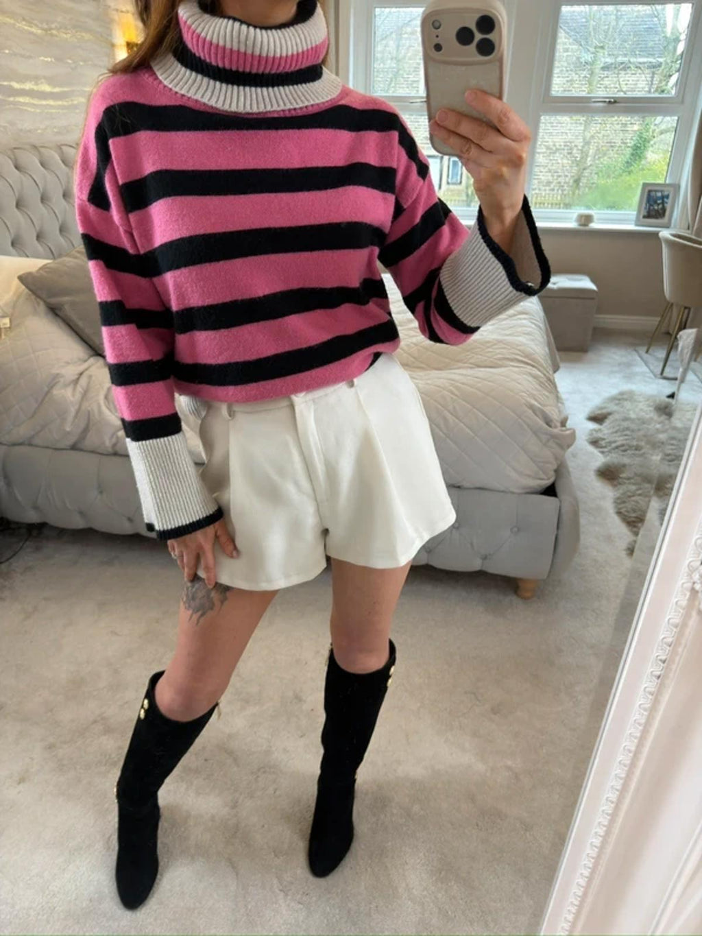Moocci Paris Pink & Black Stripe Roll Neck Jumper One Size