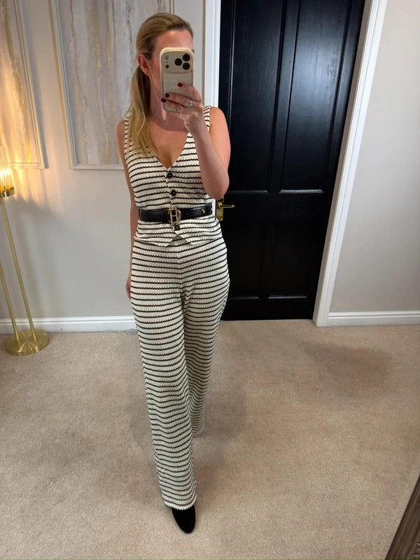 Mango Black & Cream Stripe Crochet Knitted Co Ord Set M/L