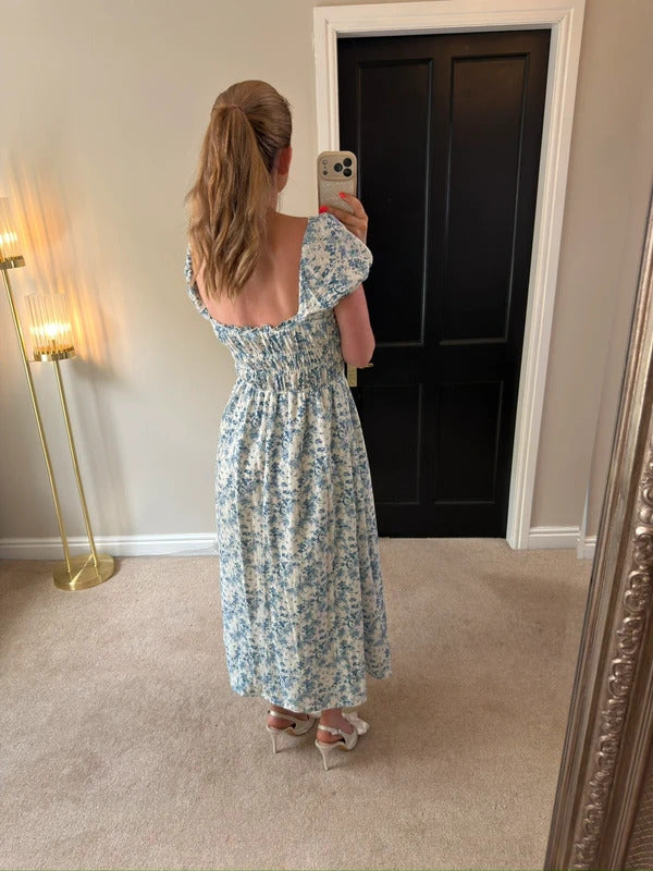 H&M White & Blue Floral Midi Dress Small