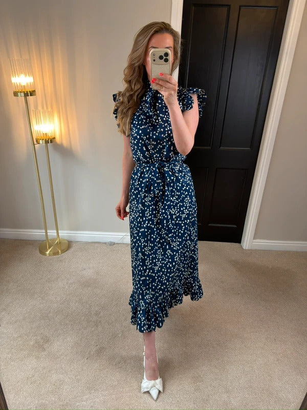Anne Louise Boutique Navy & White Heart Frill Midi Dress 10