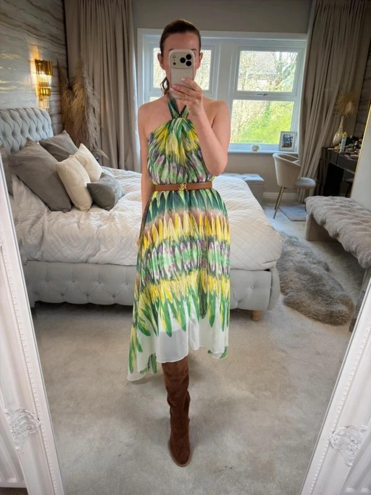 Caroline Morgan Green & Yellow Halterneck Dip Hem Dress 8
