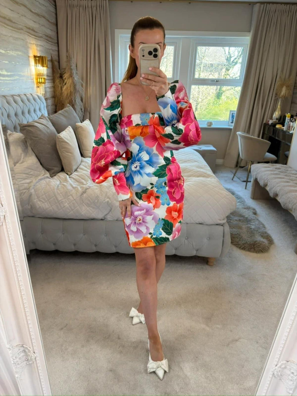 ASOS Luxe Multicoloured Floral Open Back Puff Sleeve Dress 8