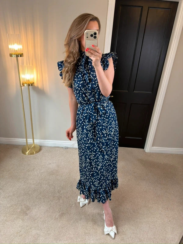 Anne Louise Boutique Navy & White Heart Frill Midi Dress 10