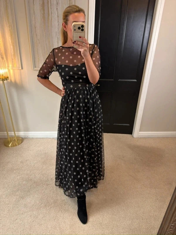 Floryday Black & White Polka Dot Mesh Maxi Dress Medium