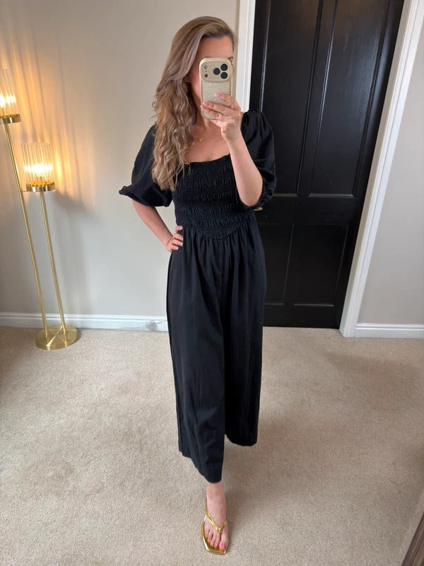 ASOS Navy Cotton & Linen Blend Wide Leg Cropped Jumpsuit 14/16