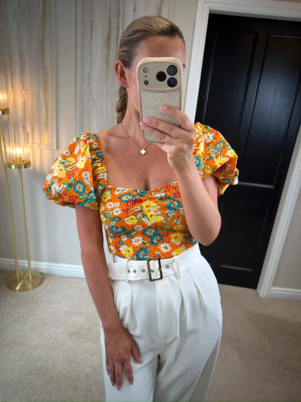 Zara Orange Puff Sleeve Crop Top 8/10