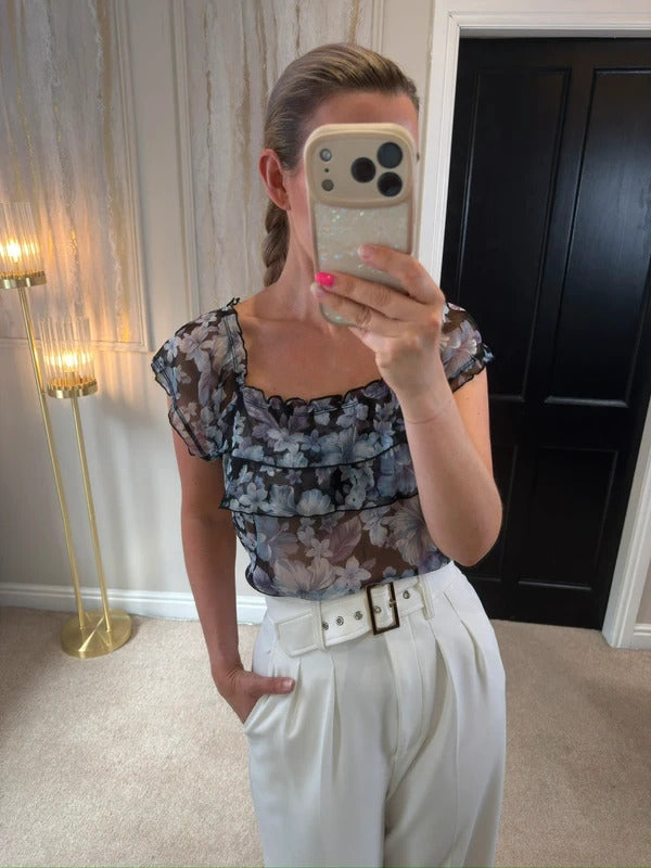 Y2K Sheer Floral Long Blouse Small