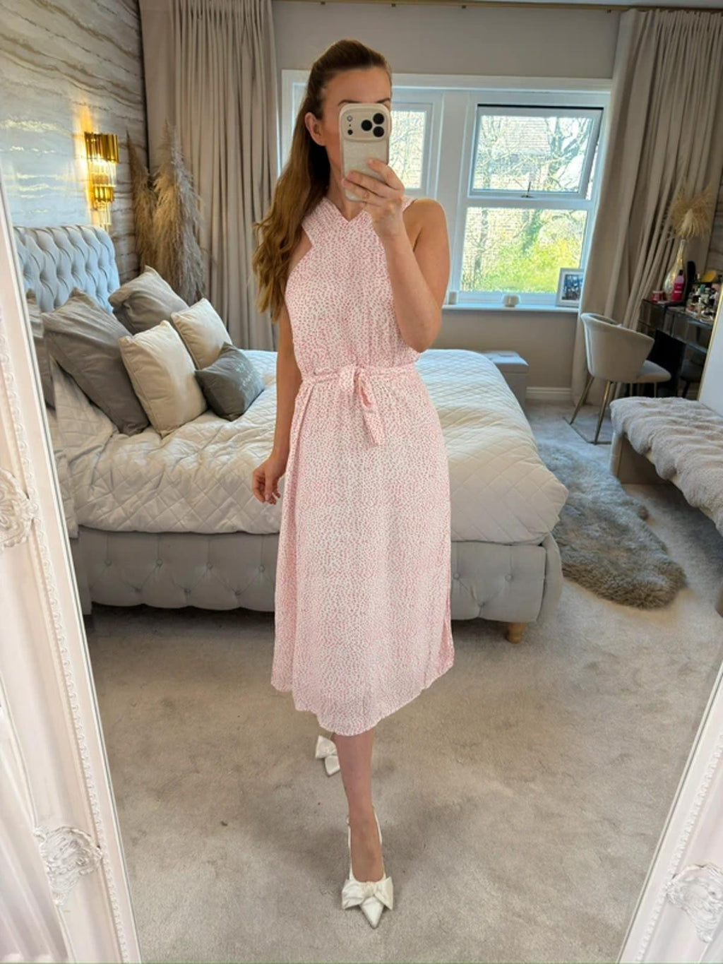& Other Stories White & Red Belted Midi Dress 14