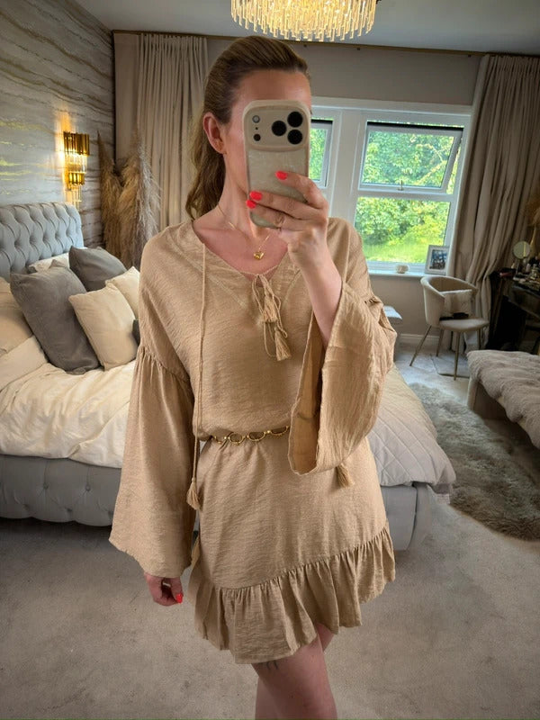 JQ By Jenerique Beige Boho Tassel Dress Large