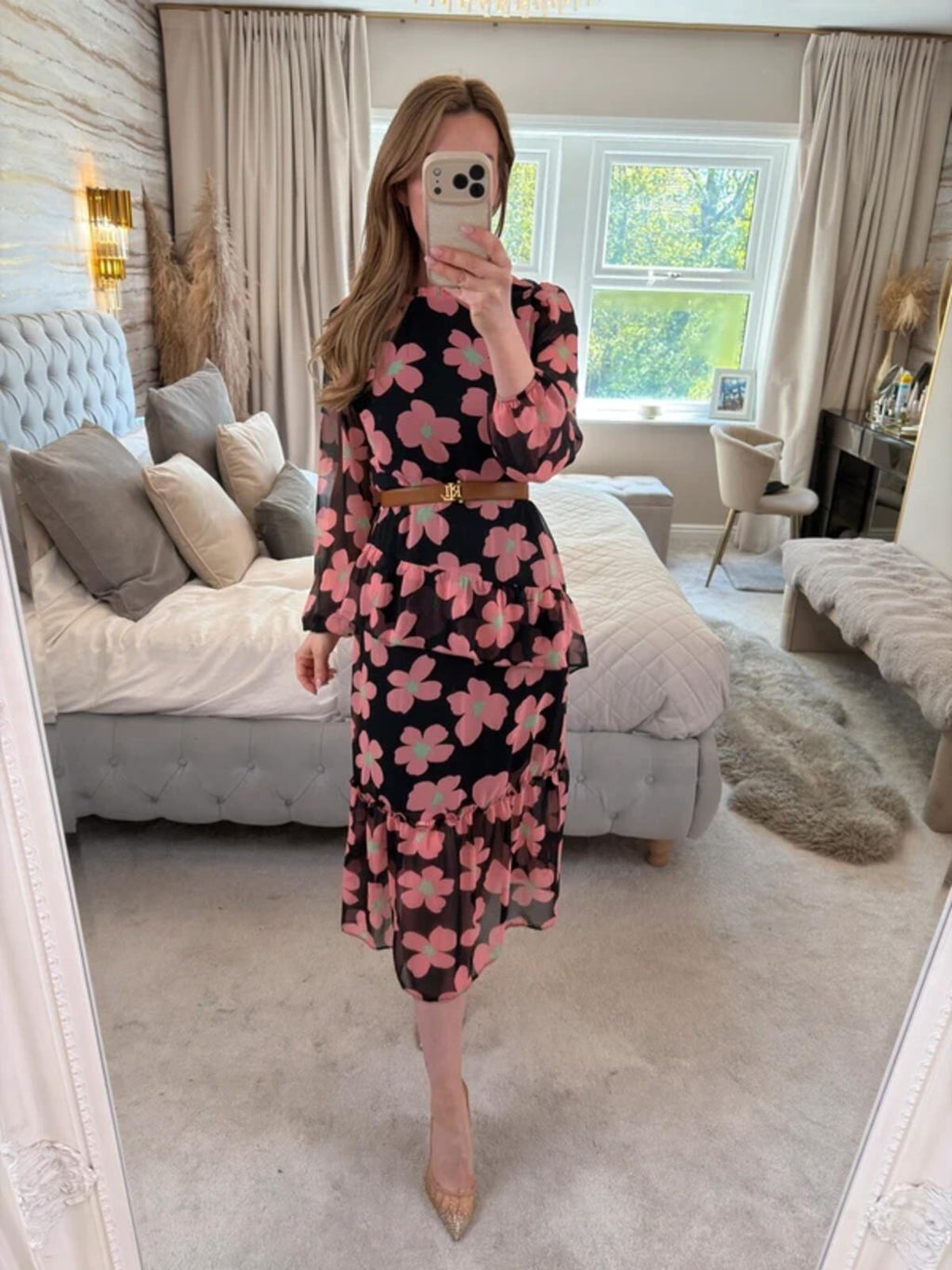 Miss Selfridge Black Floral Frill Tiered Midi Dress 10/12
