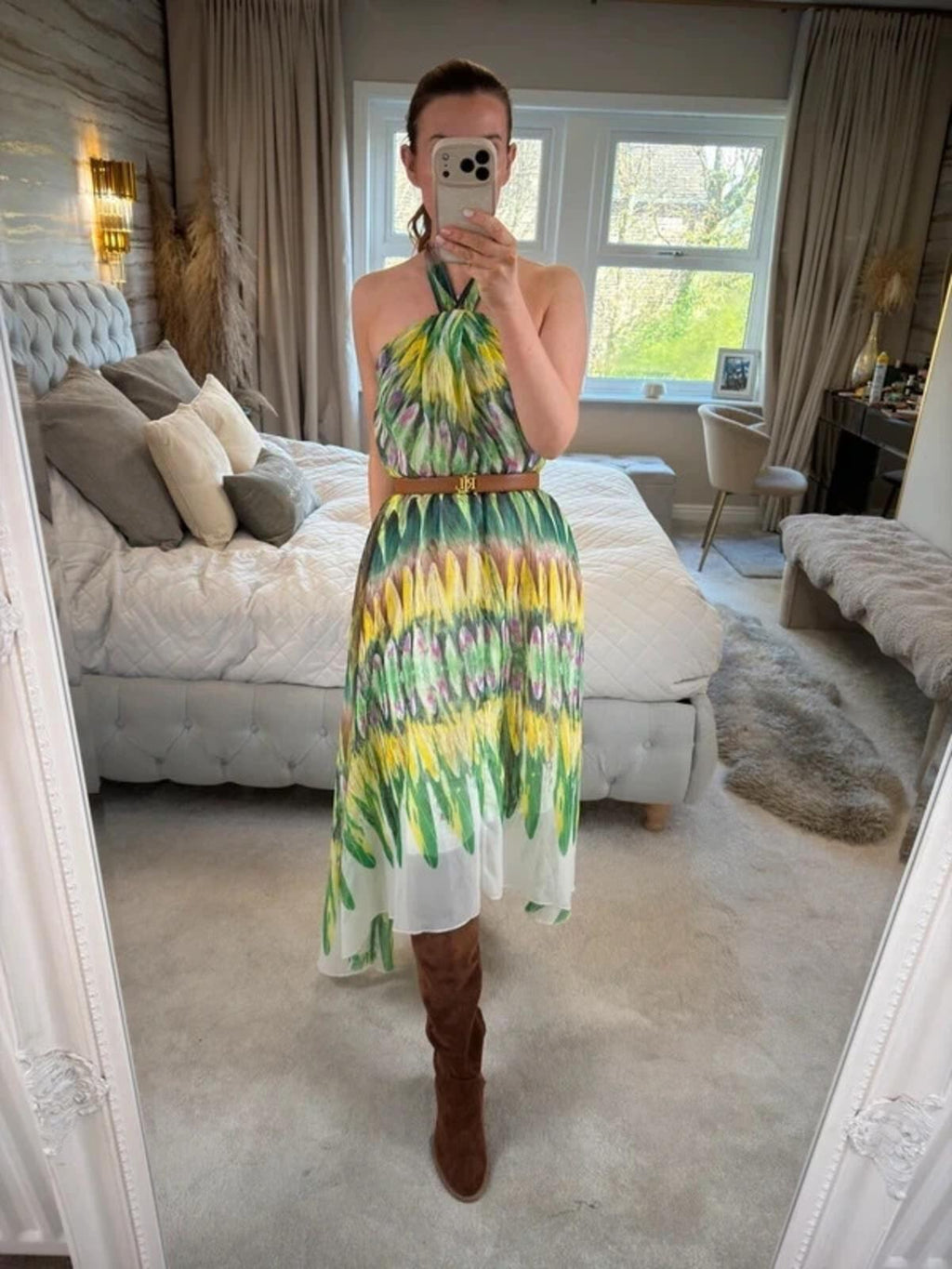 Caroline Morgan Green & Yellow Halterneck Dip Hem Dress 8
