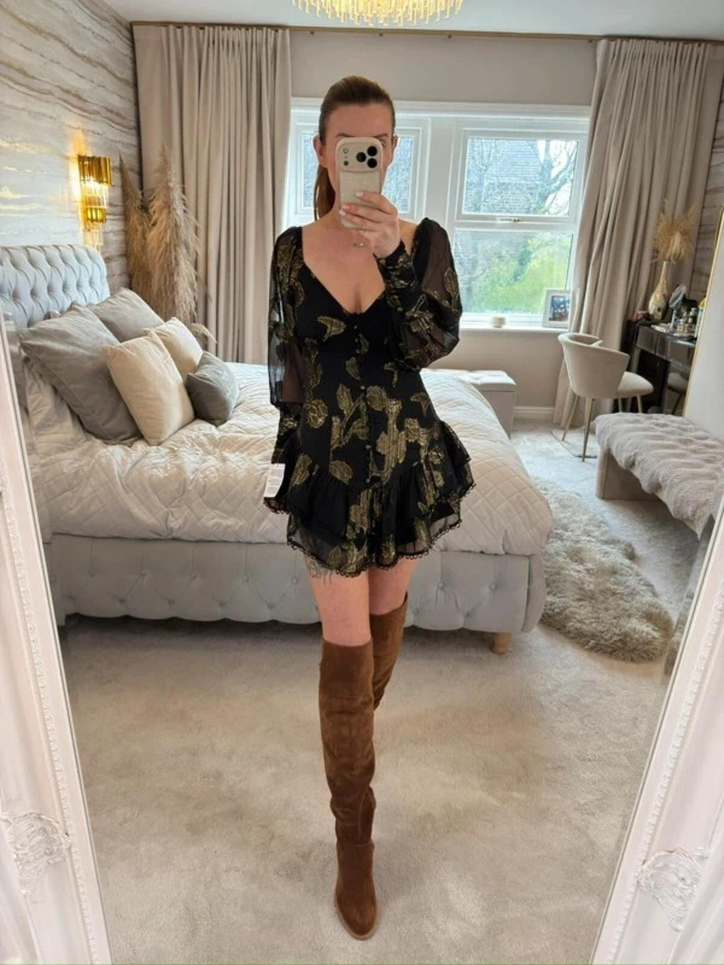 BNWT Black & Gold Frill Boho Mini Dress Petite 6